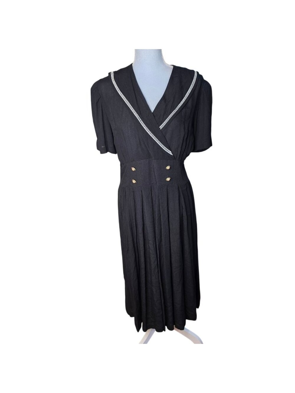 Vintage 90s Black Rayon Sailor Collar Drop Waist Dress Dark Academia Sz 8P